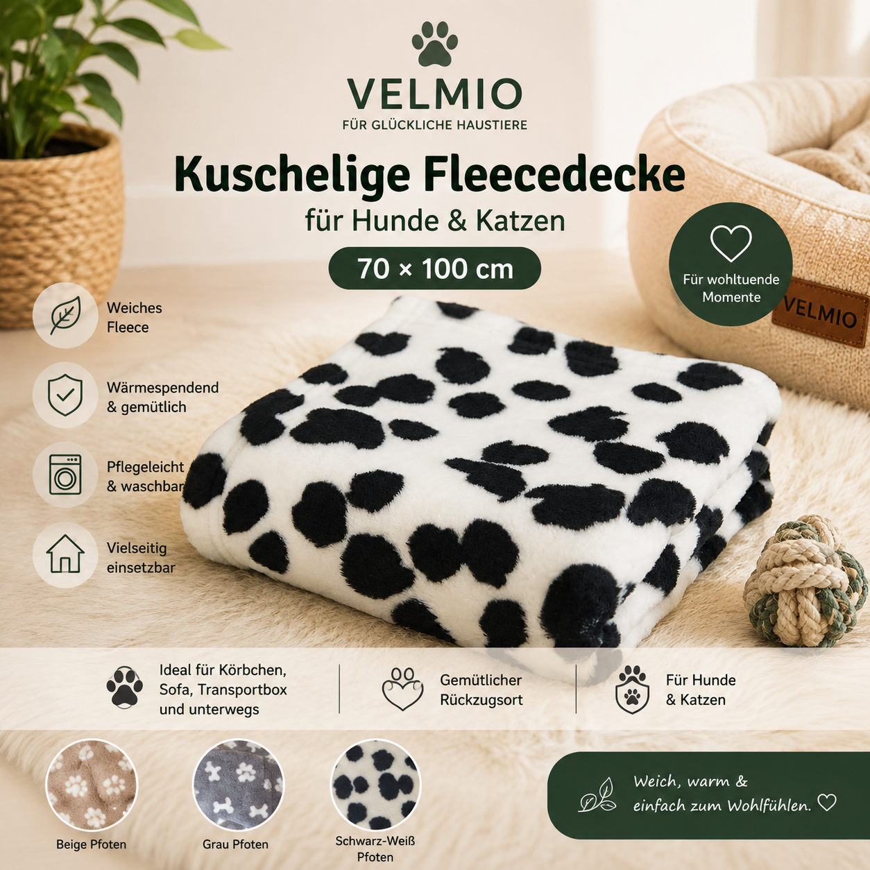 Kuschelige Fleecedecke für Hunde & Katzen | 70 × 100 cm