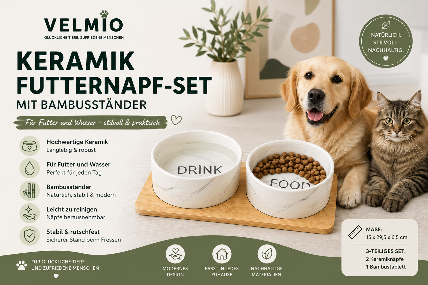 VELMIO Keramik-Futternapf-Set mit Bambusständer – 2 Näpfe