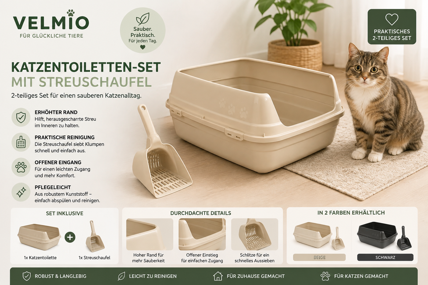 VELMIO Katzentoiletten-Set mit Streuschaufel – 2-teilig