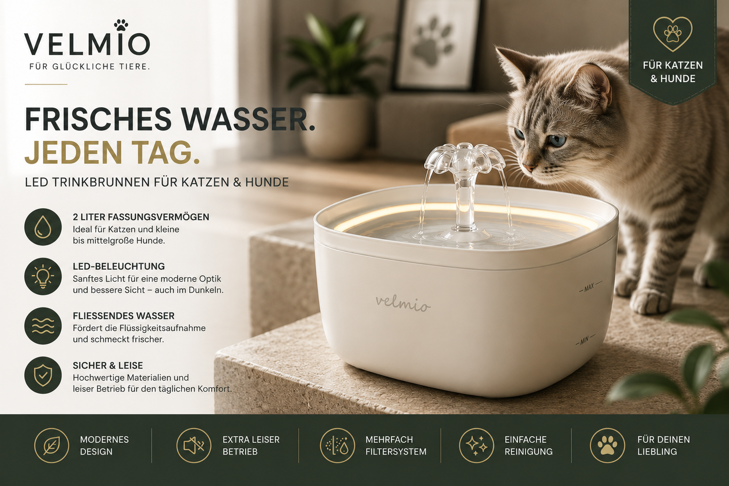 VELMIO LED Trinkbrunnen für Haustiere – 2 L