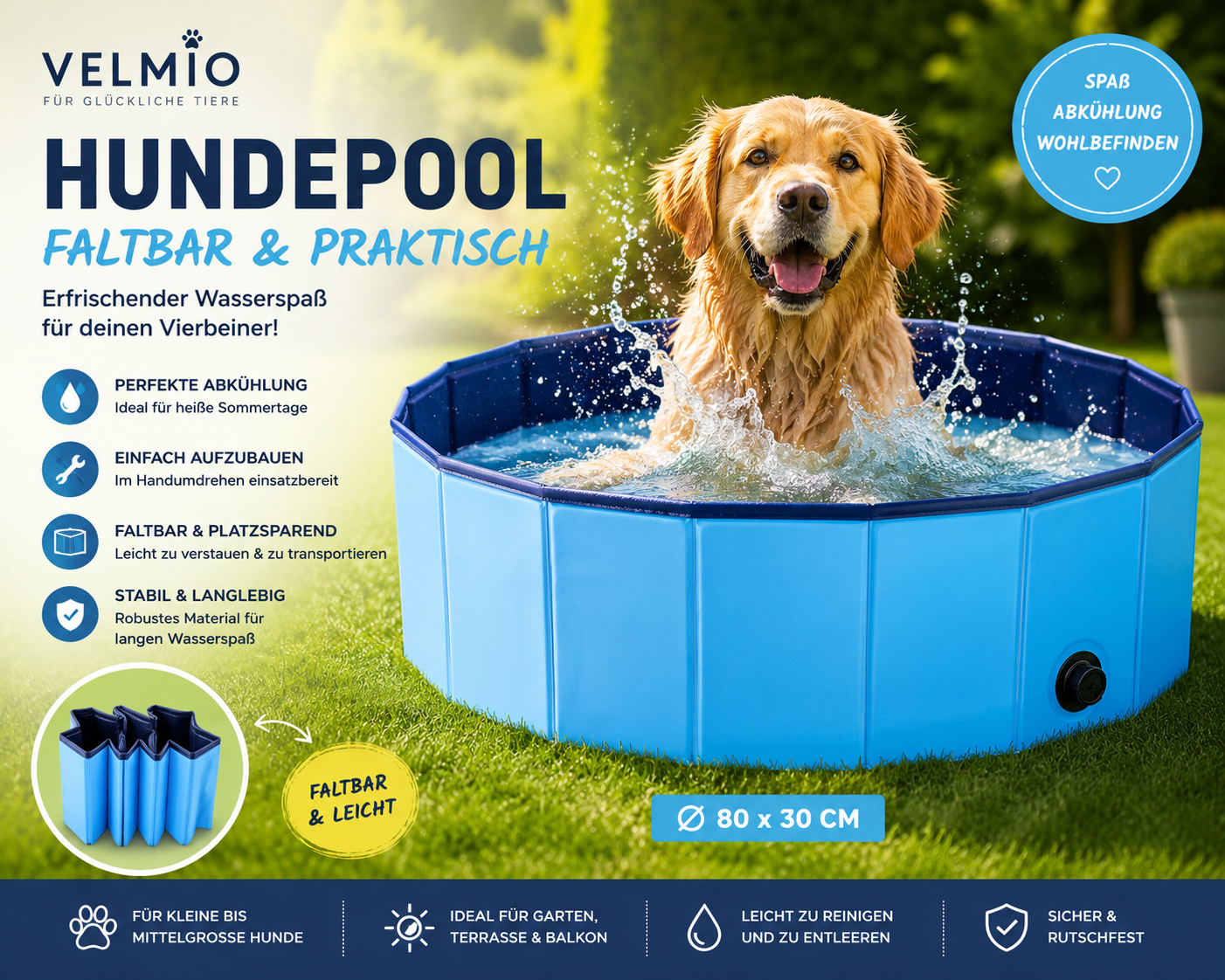 VELMIO Hundepool – Faltbares Planschbecken Ø 80 × 30 cm 🐶💦