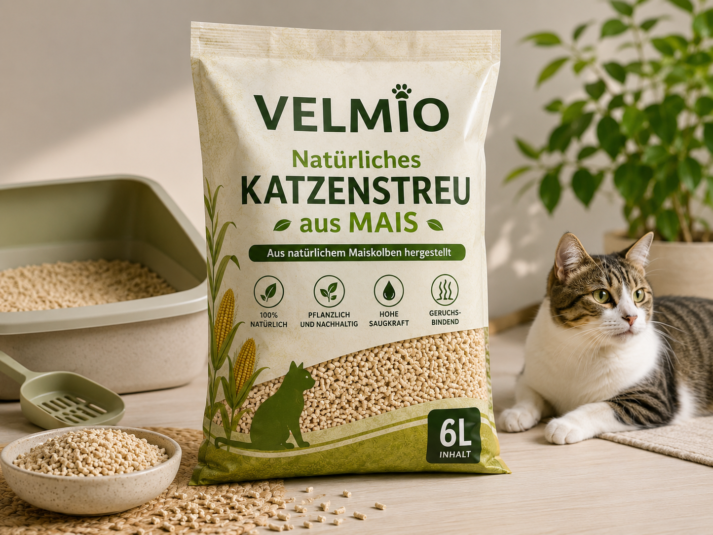 VELMIO Natürliches Katzenstreu aus Mais – 6 L 🐱🌿