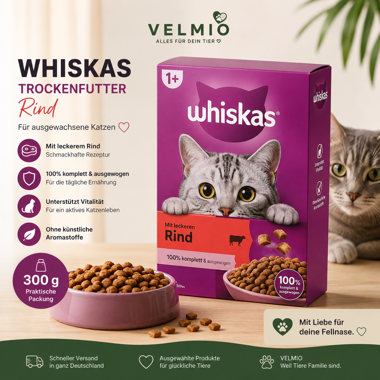 Whiskas Trockenfutter mit Rind für Katzen – 300 g