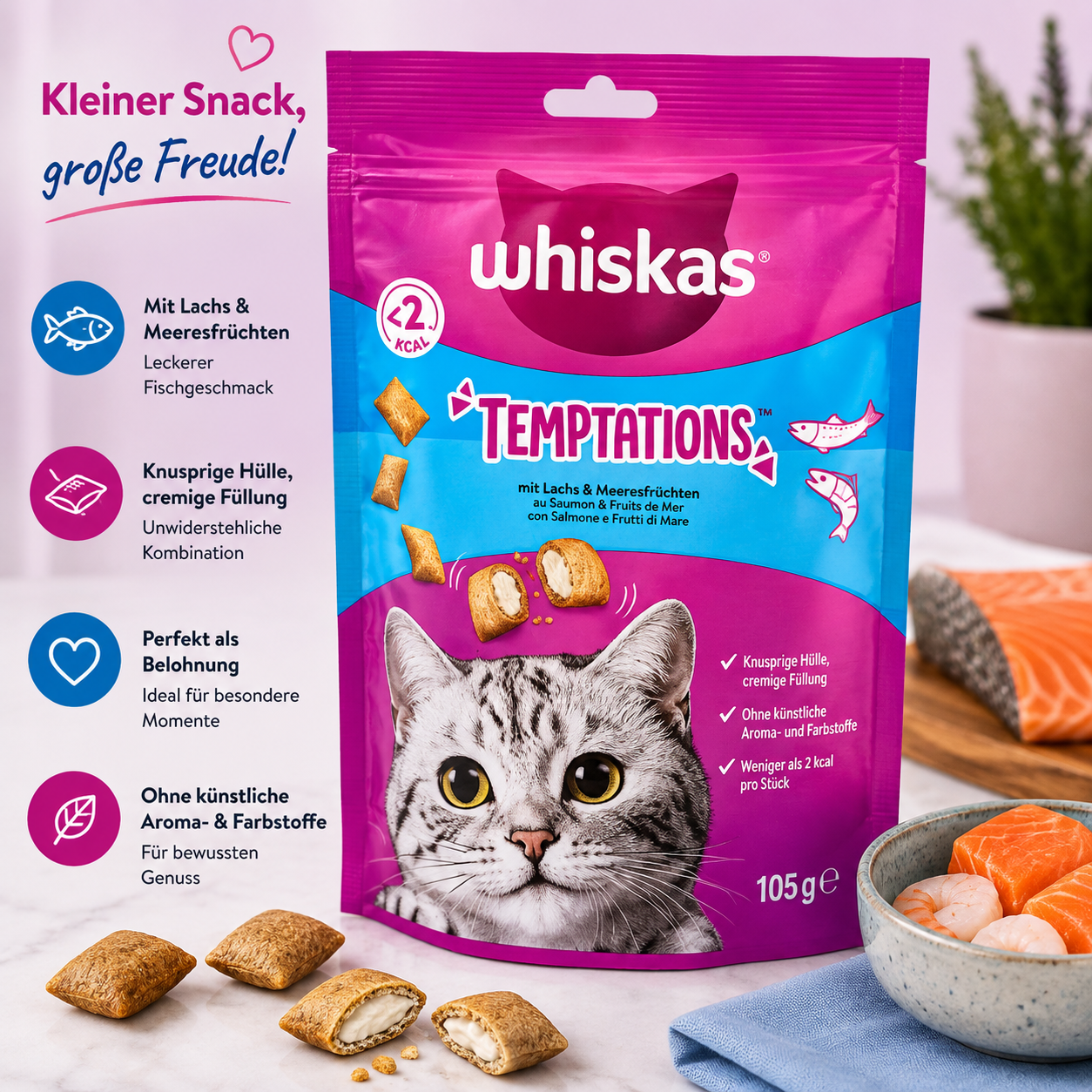 Whiskas Temptations Katzensnacks Lachs & Meeresfrüchte – 105 g