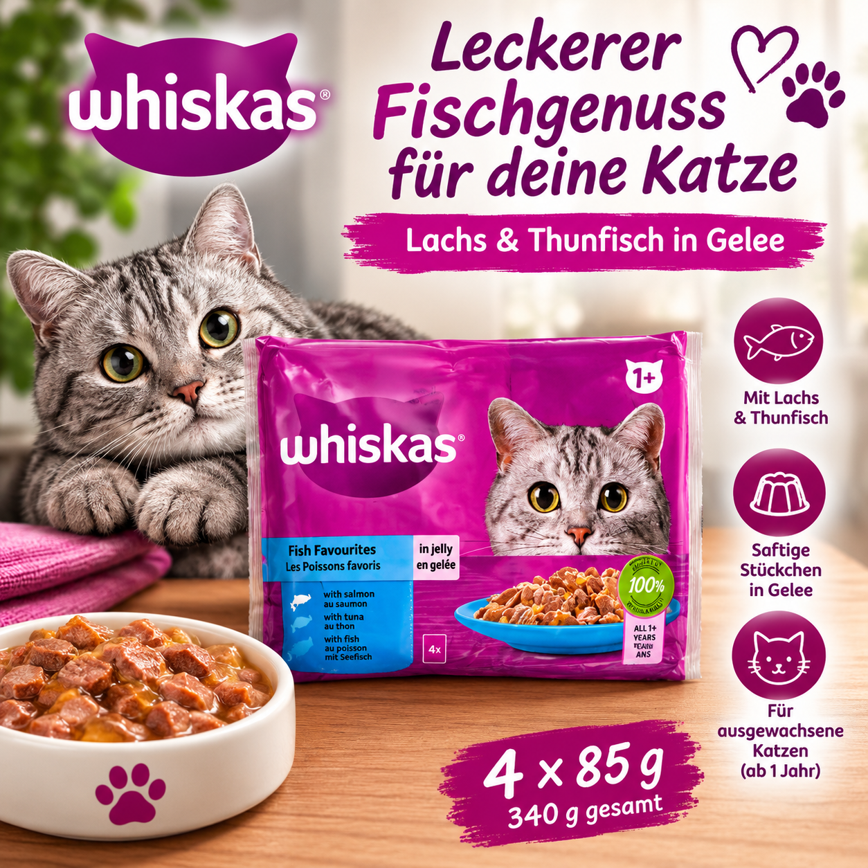 Whiskas Nassfutter Lachs & Thunfisch in Gelee – 4 × 85 g