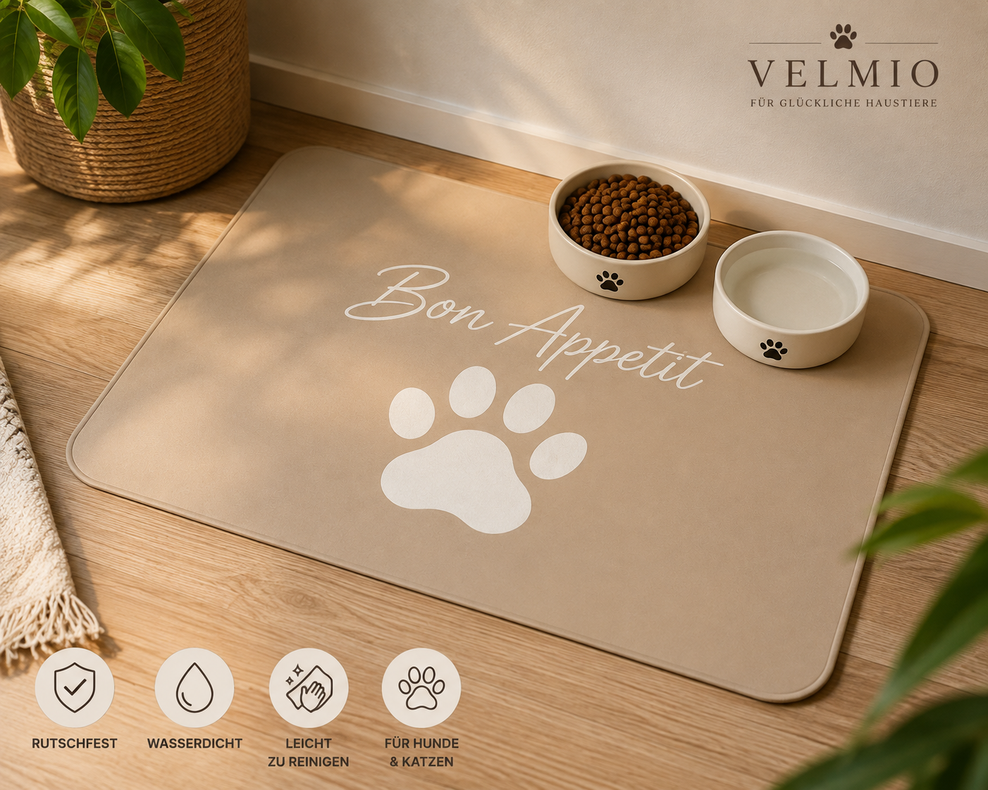 VELMIO Rutschfeste Napfunterlage für Haustiere – 60 × 39 cm