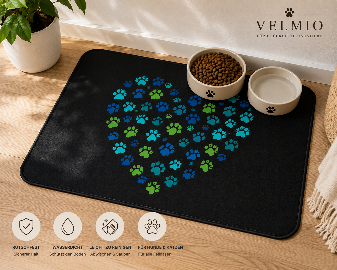 VELMIO Rutschfeste Napfunterlage für Haustiere – 60 × 39 cm