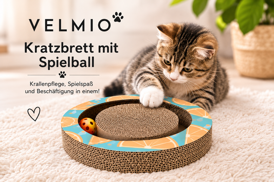 VELMIO Kratzbrett mit Spielball für Katzen – Ø 28 cm