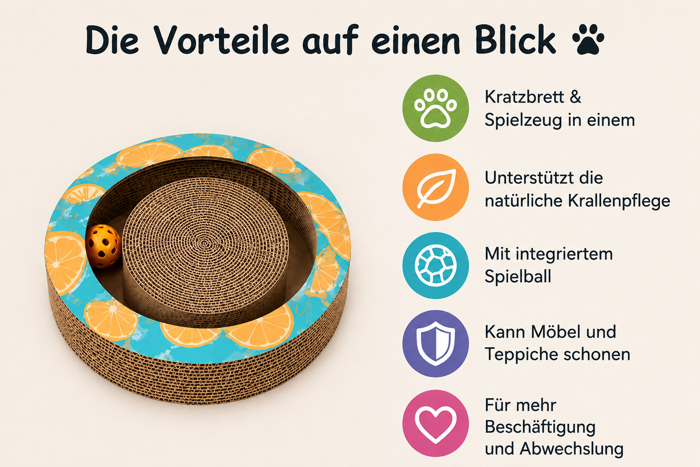 VELMIO Kratzbrett mit Spielball für Katzen – Ø 28 cm
