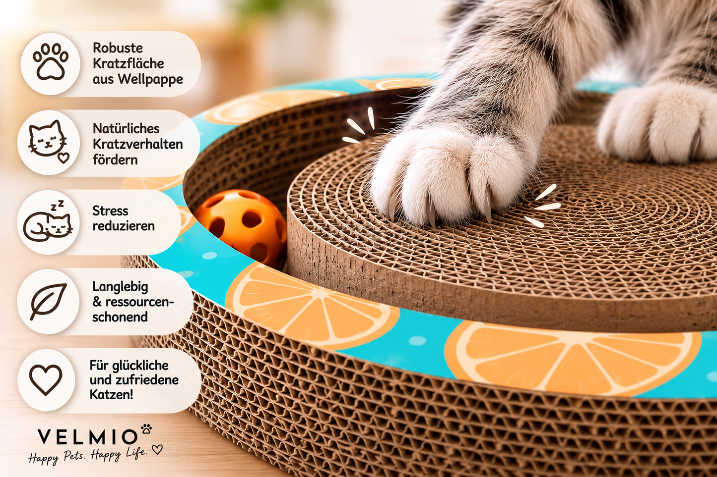 VELMIO Kratzbrett mit Spielball für Katzen – Ø 28 cm