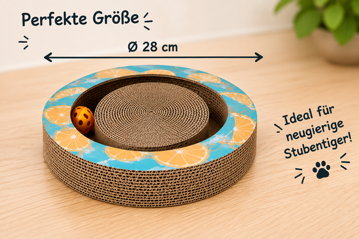 VELMIO Kratzbrett mit Spielball für Katzen – Ø 28 cm
