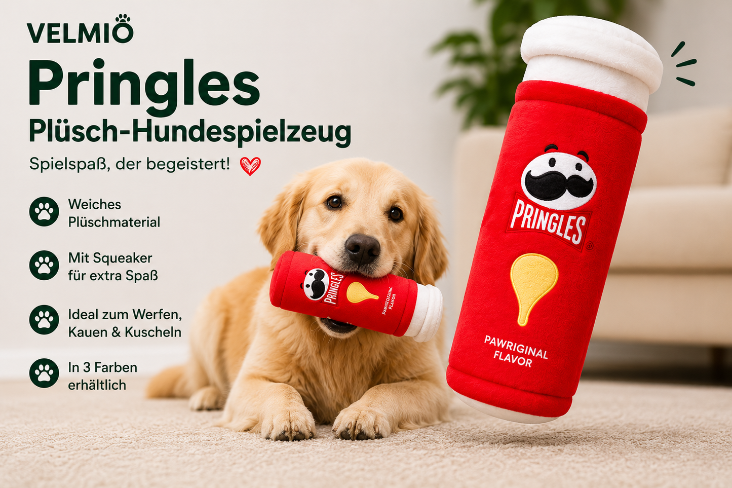 VELMIO Pringles Plüsch-Hundespielzeug – 3 Farben