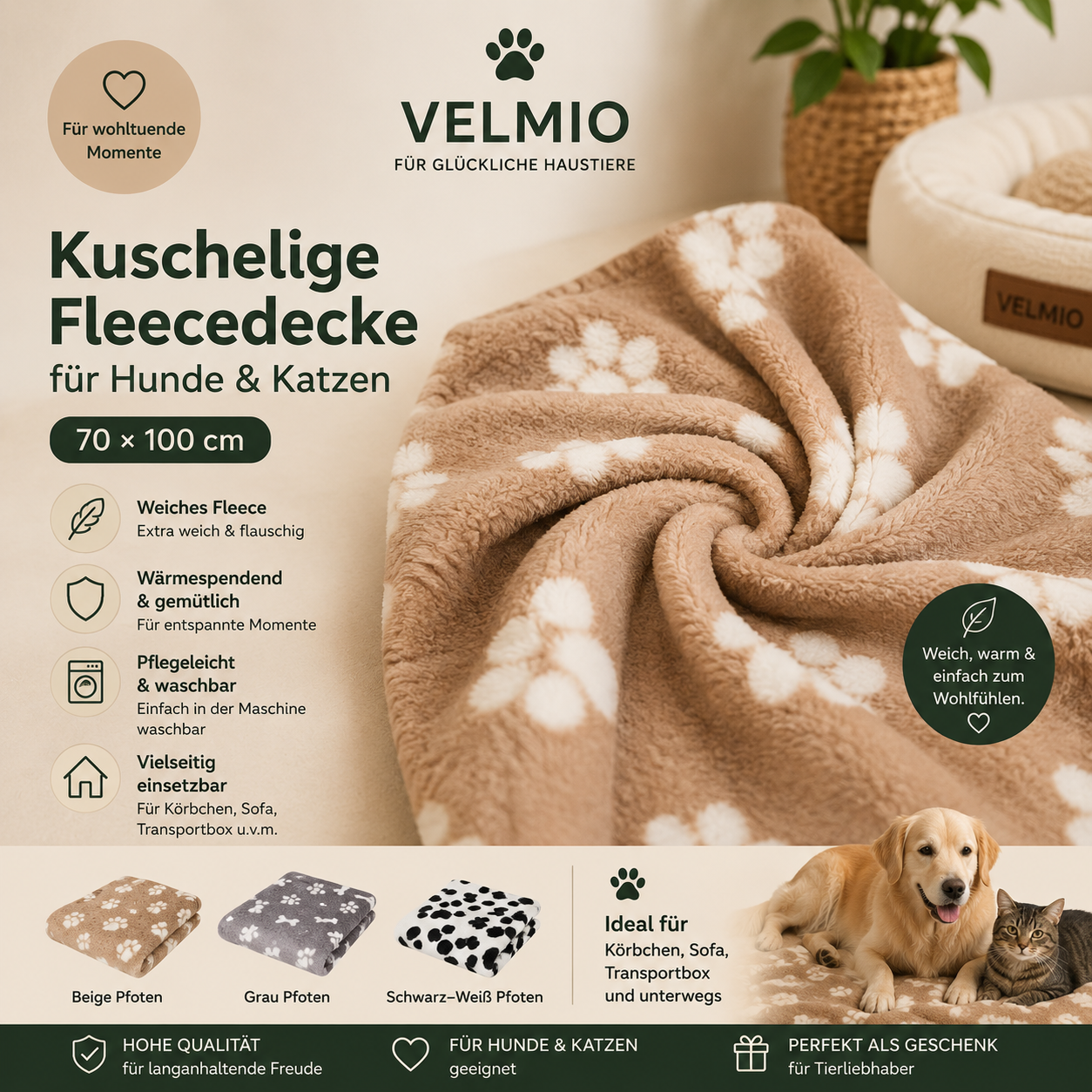 Kuschelige Fleecedecke für Hunde & Katzen | 70 × 100 cm