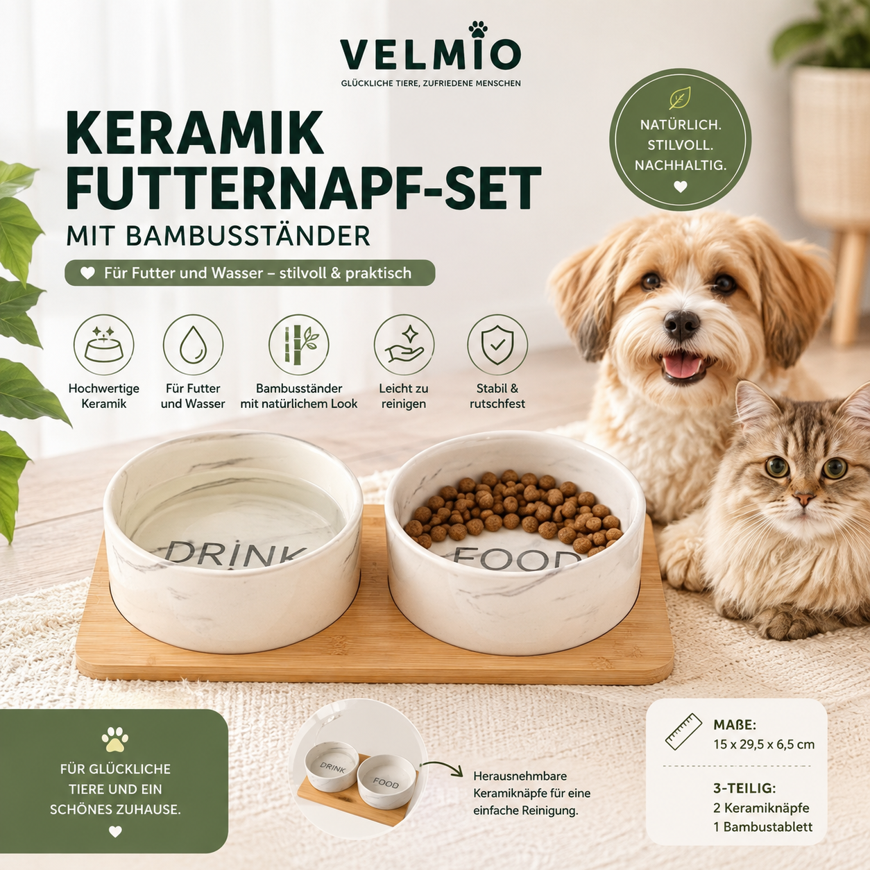 VELMIO Keramik-Futternapf-Set mit Bambusständer – 2 Näpfe