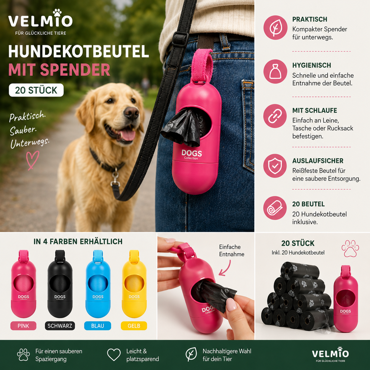 VELMIO Hundekotbeutel mit Spender – 20 Stück