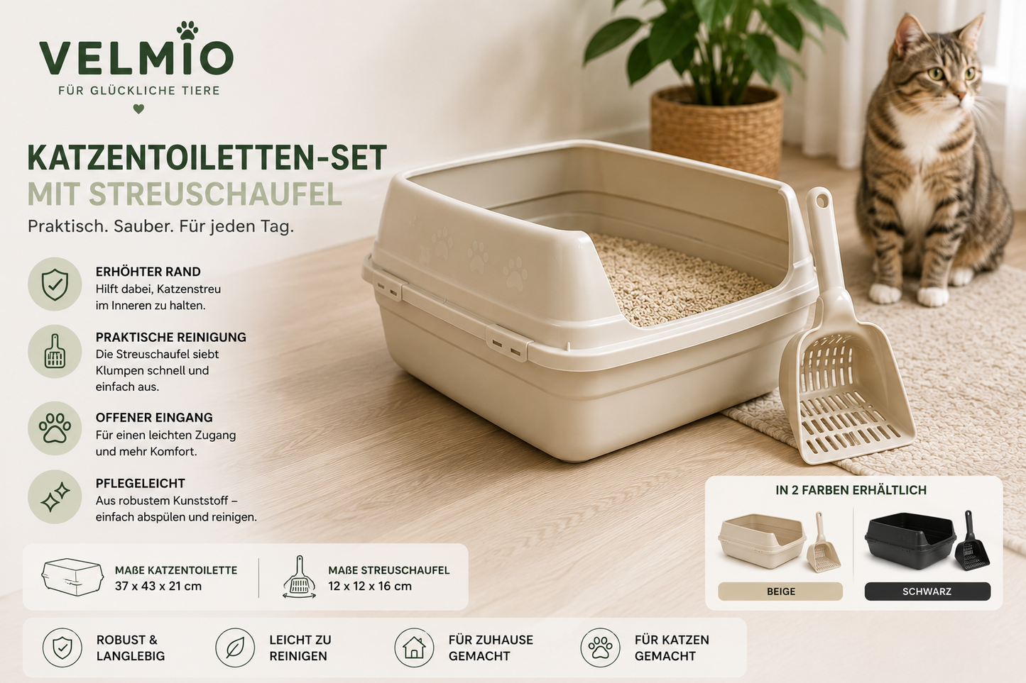 VELMIO Katzentoiletten-Set mit Streuschaufel – 2-teilig