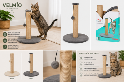 VELMIO Kratzbaum mit Spielzeug – kompakter Kratzstamm für Katzen