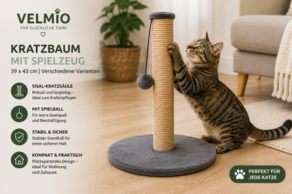 VELMIO Kratzbaum mit Spielzeug – kompakter Kratzstamm für Katzen