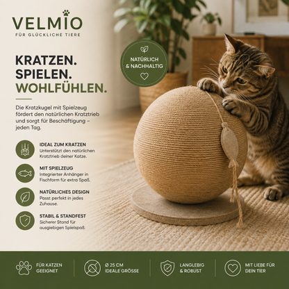 VELMIO Kratzkugel für Katzen mit Spielzeug – Ø 25 cm 🐾