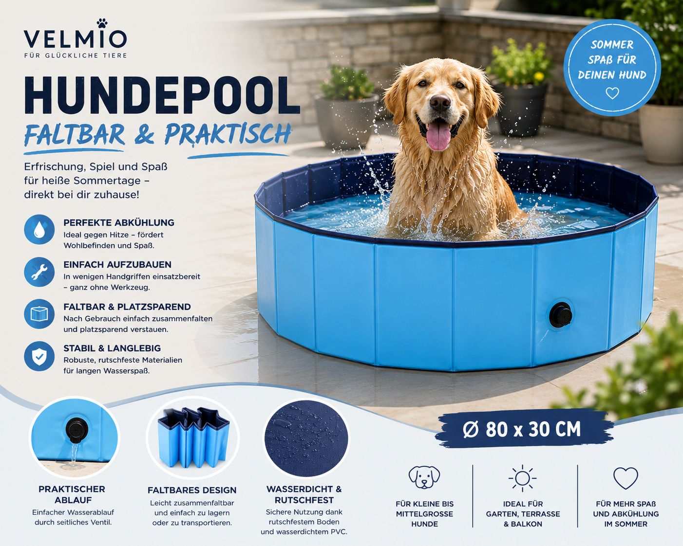 VELMIO Hundepool – Faltbares Planschbecken Ø 80 × 30 cm 🐶💦
