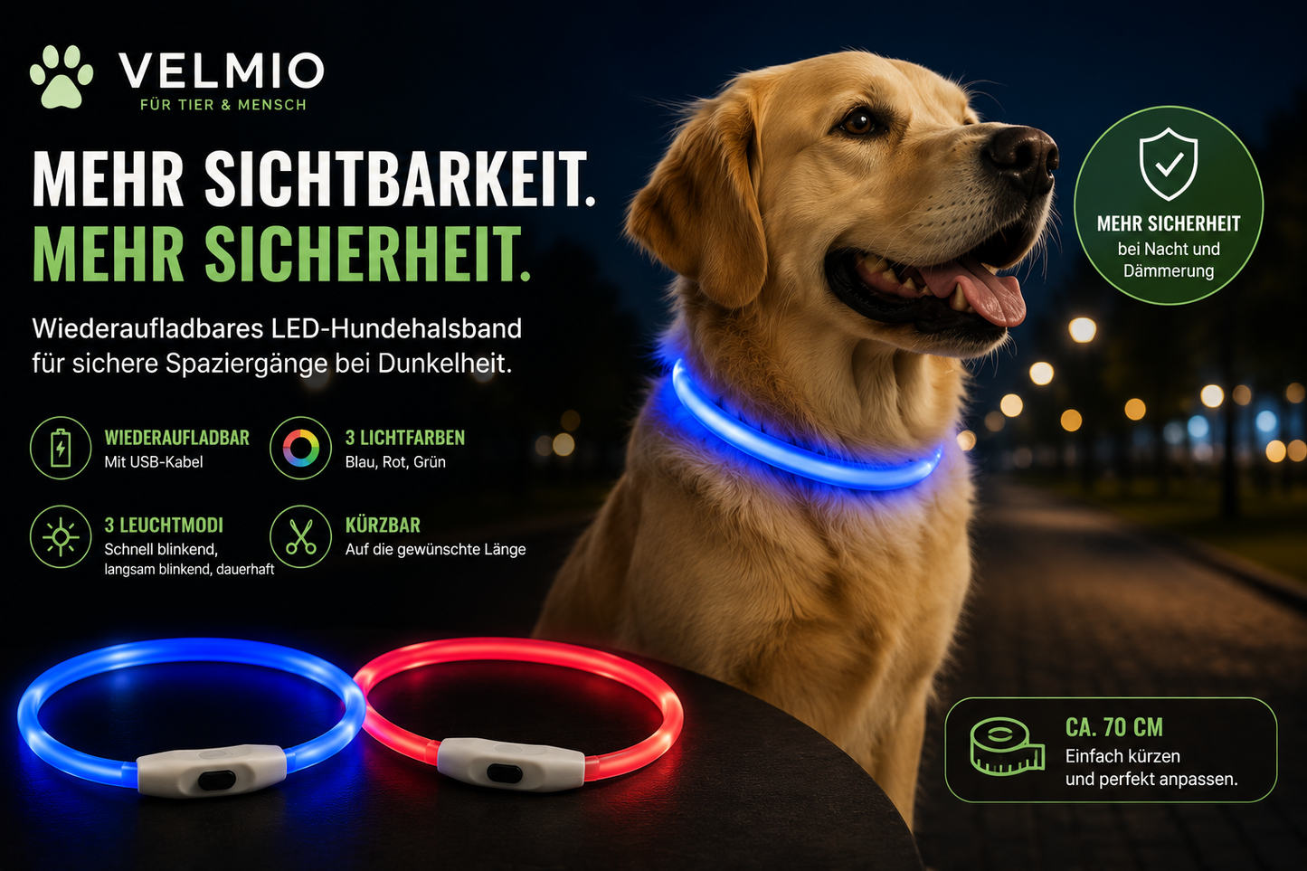 VELMIO Wiederaufladbares LED-Hundehalsband – ca. 70 cm 🐶✨