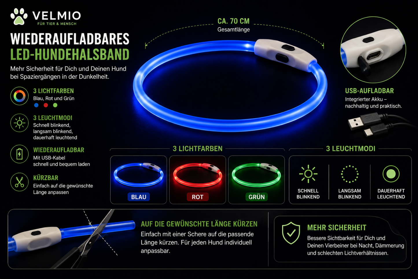 VELMIO Wiederaufladbares LED-Hundehalsband – ca. 70 cm 🐶✨