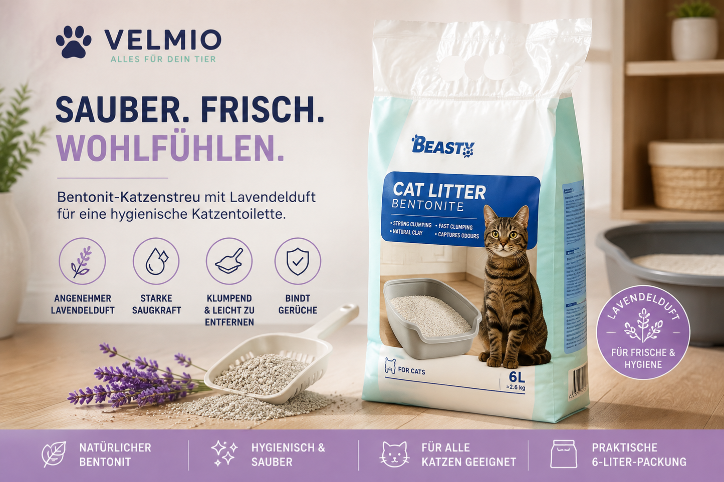 VELMIO Bentonit-Katzenstreu mit Lavendelduft – 6 L 🐱💜