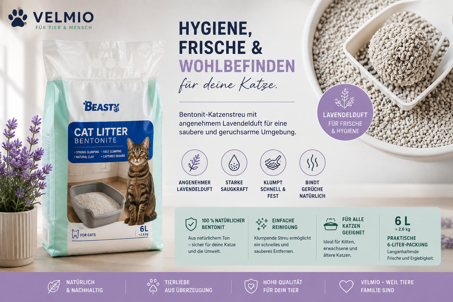 VELMIO Bentonit-Katzenstreu mit Lavendelduft – 6 L 🐱💜