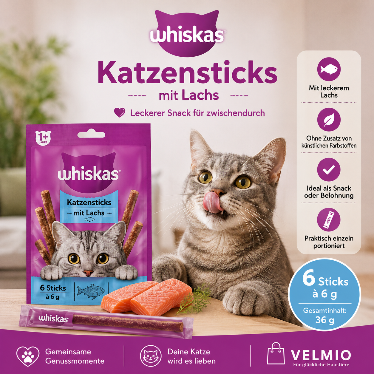 Whiskas Katzensticks Lachs – 6 × 6 g