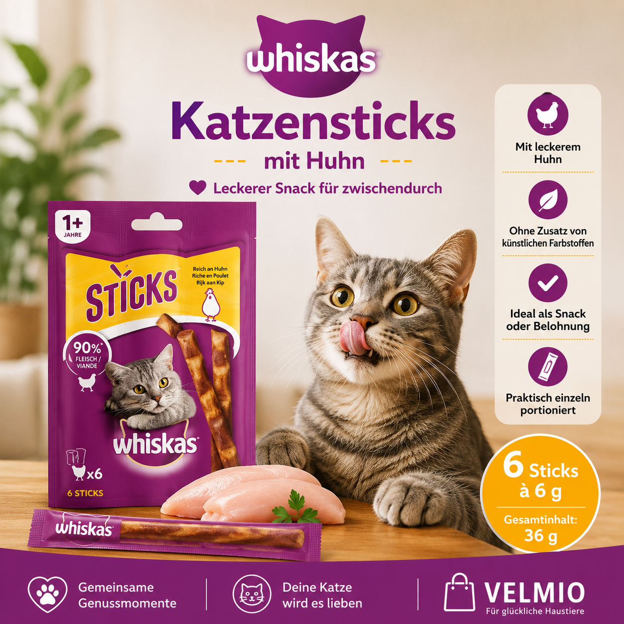 Whiskas Katzensticks Huhn – 6 × 6 g