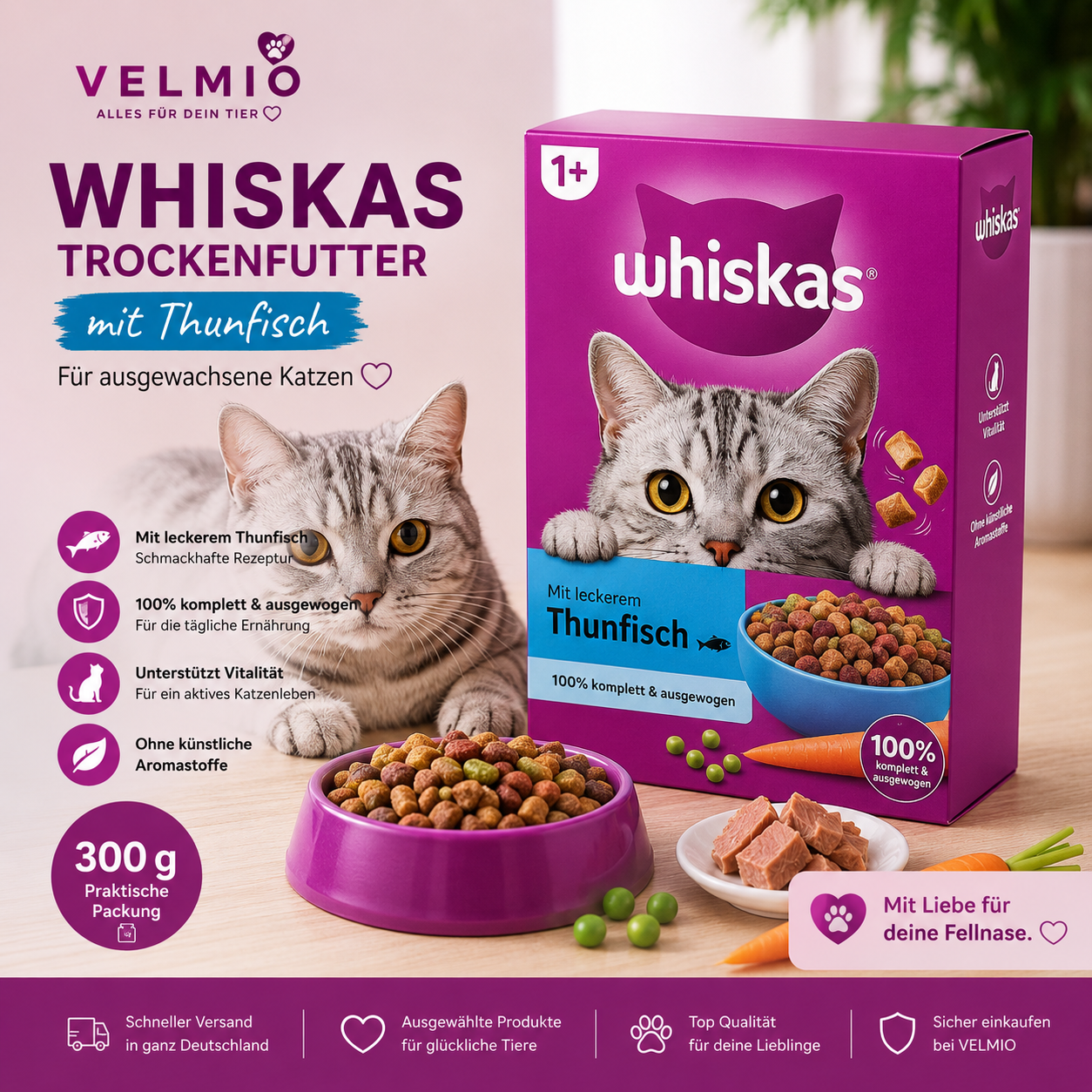 Whiskas Trockenfutter mit Thunfisch für Katzen – 300 g