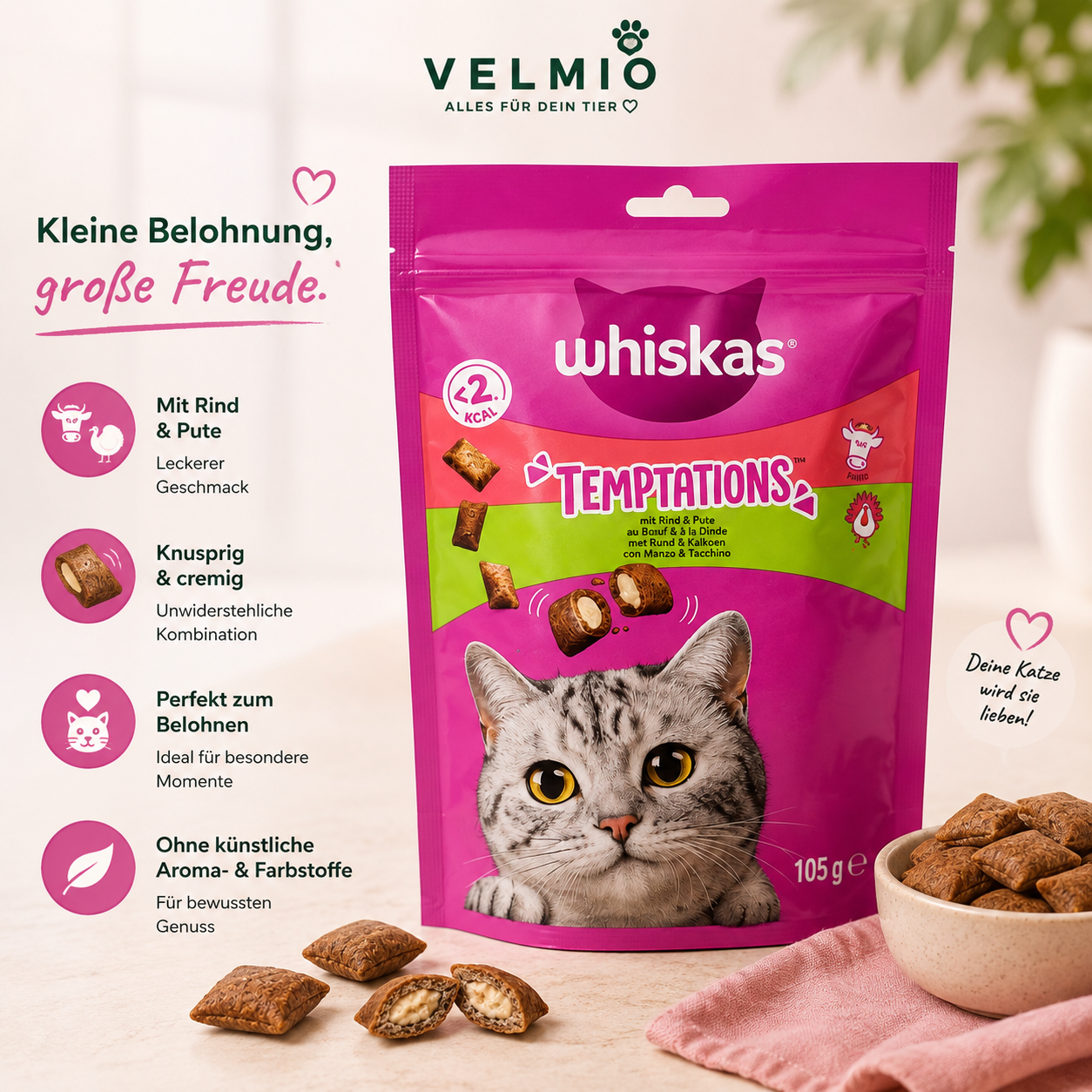 Whiskas Temptations Katzensnacks Rind & Pute – 105 g