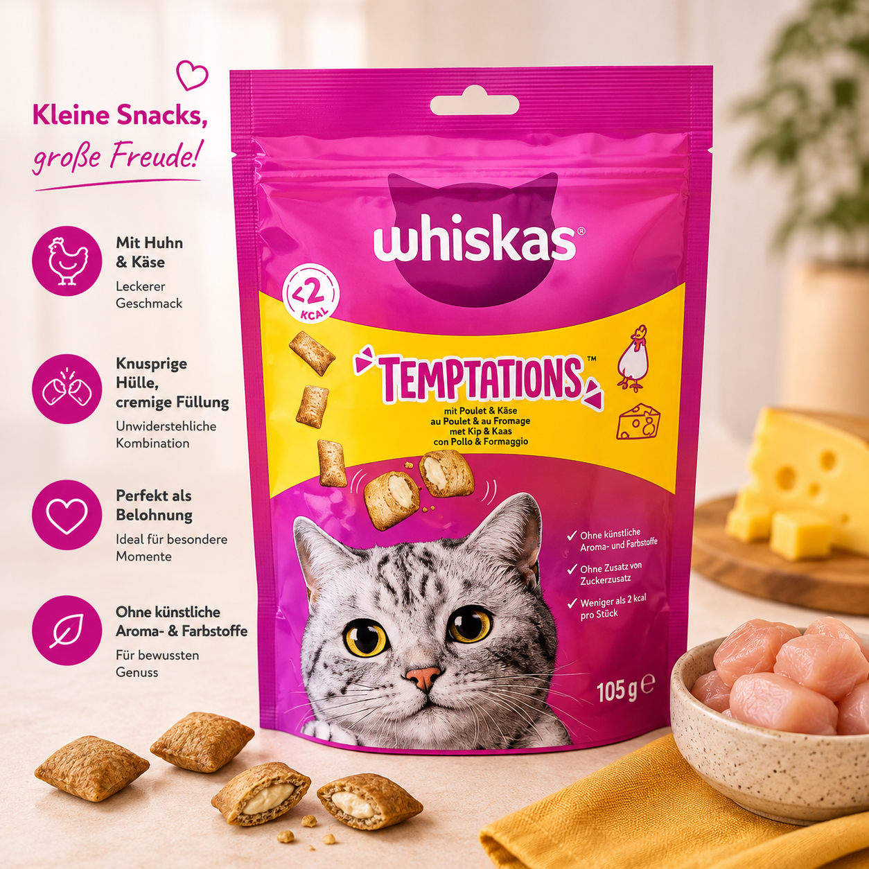 Whiskas Temptations Katzensnacks Huhn & Käse – 105 g