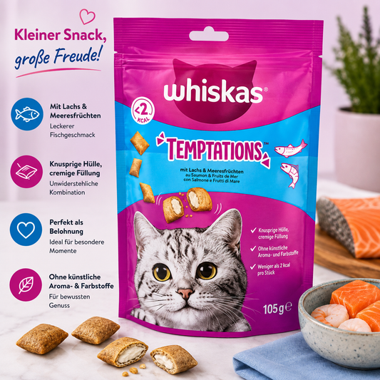 Whiskas Temptations Katzensnacks Lachs & Meeresfrüchte – 105 g