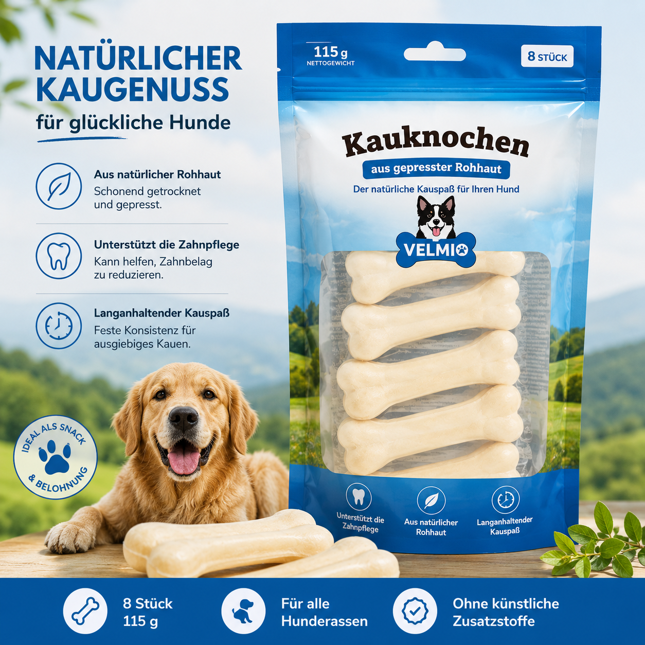 Kaukochen für Hunde aus gepresster Rohhaut – 8 Stück, 115 g