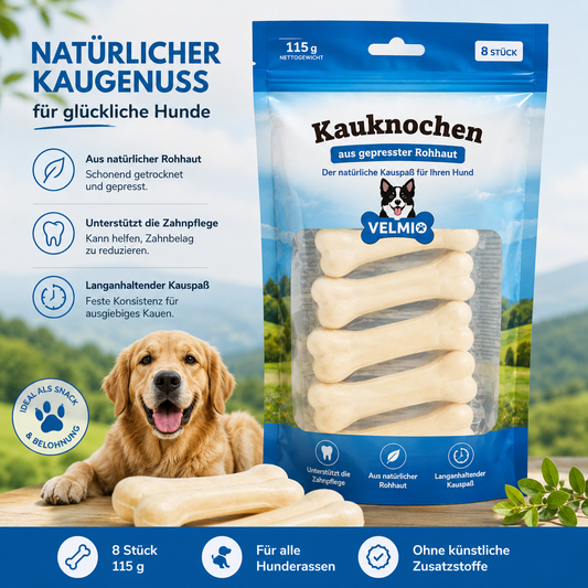 Kaukochen für Hunde aus gepresster Rohhaut – 8 Stück, 115 g