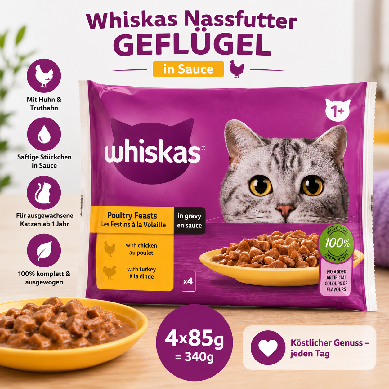 Whiskas Nassfutter Geflügel in Sauce – 4 × 85 g