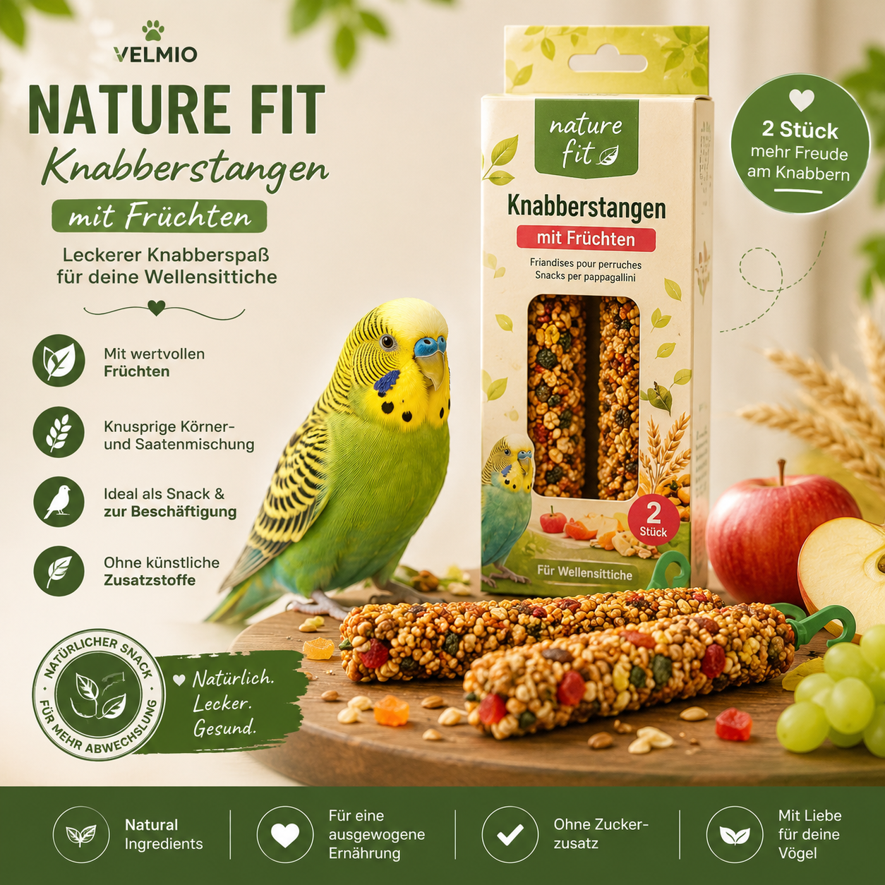 Nature Fit Knabberstangen mit Früchten für Wellensittiche – 2 Stück